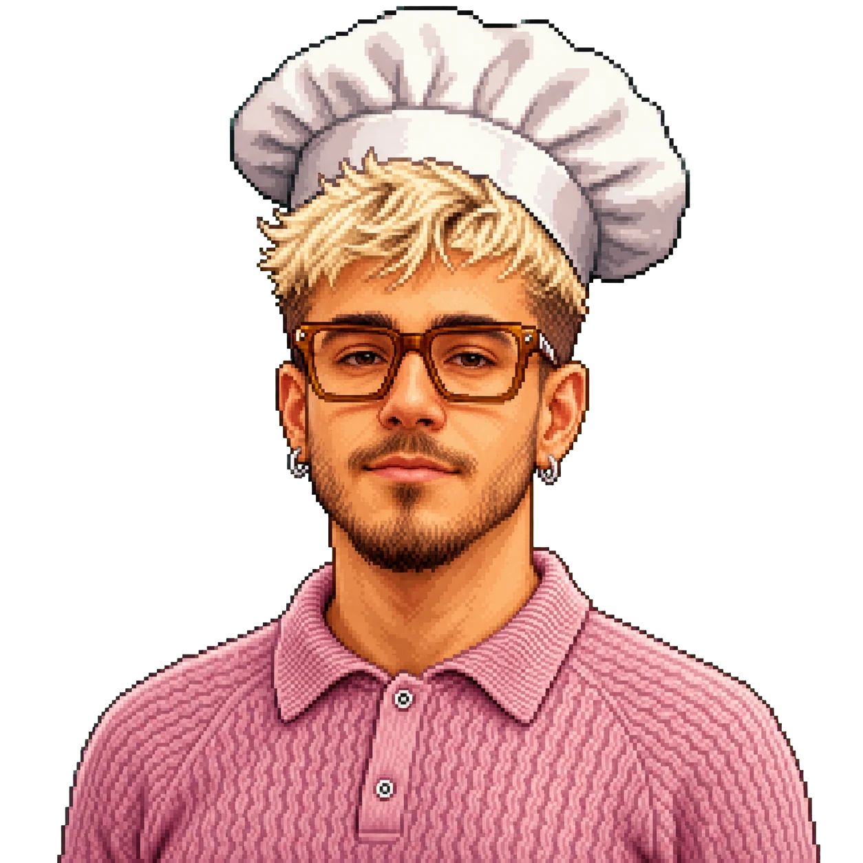 Pixel art portrait of PAELLA.CEO with blond hair, amber glasses, hoop earrings, pink polo, and a chef hat