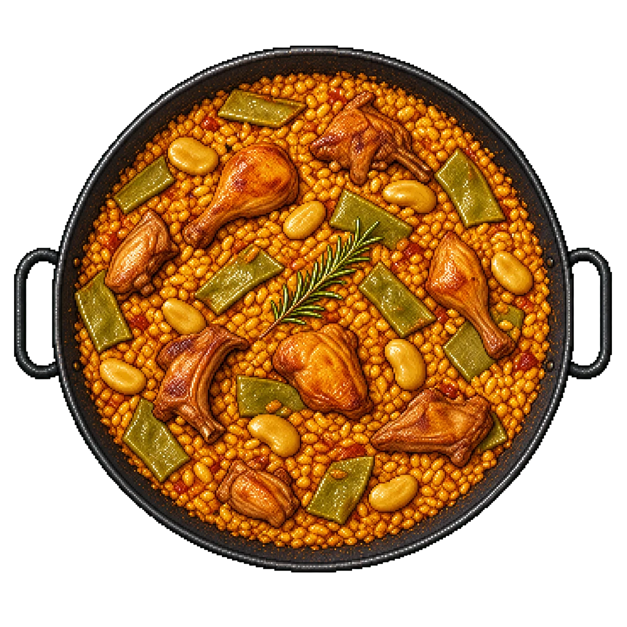 Pixel art authentic Valencian paella with rice, green beans, garrofo, saffron, chicken, rabbit, and rosemary